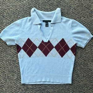 Forever 21 Blue Red Argyle Polo Crop Top Shirt